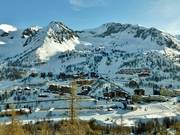 View of the ski village with the surrounding slopes