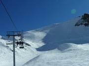 Fée 5 leads as a mogul run in the fall line between the rocks and the groomed slope downwards.