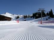 Perfectly groomed slope in the Madrisa ski area