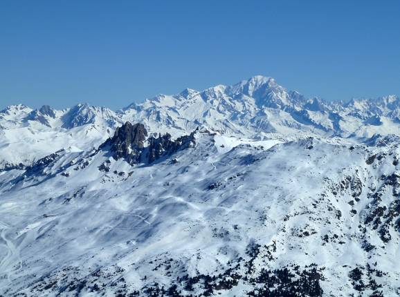 View of Dent de Burgin and Saulire with Mont Blanc in the background