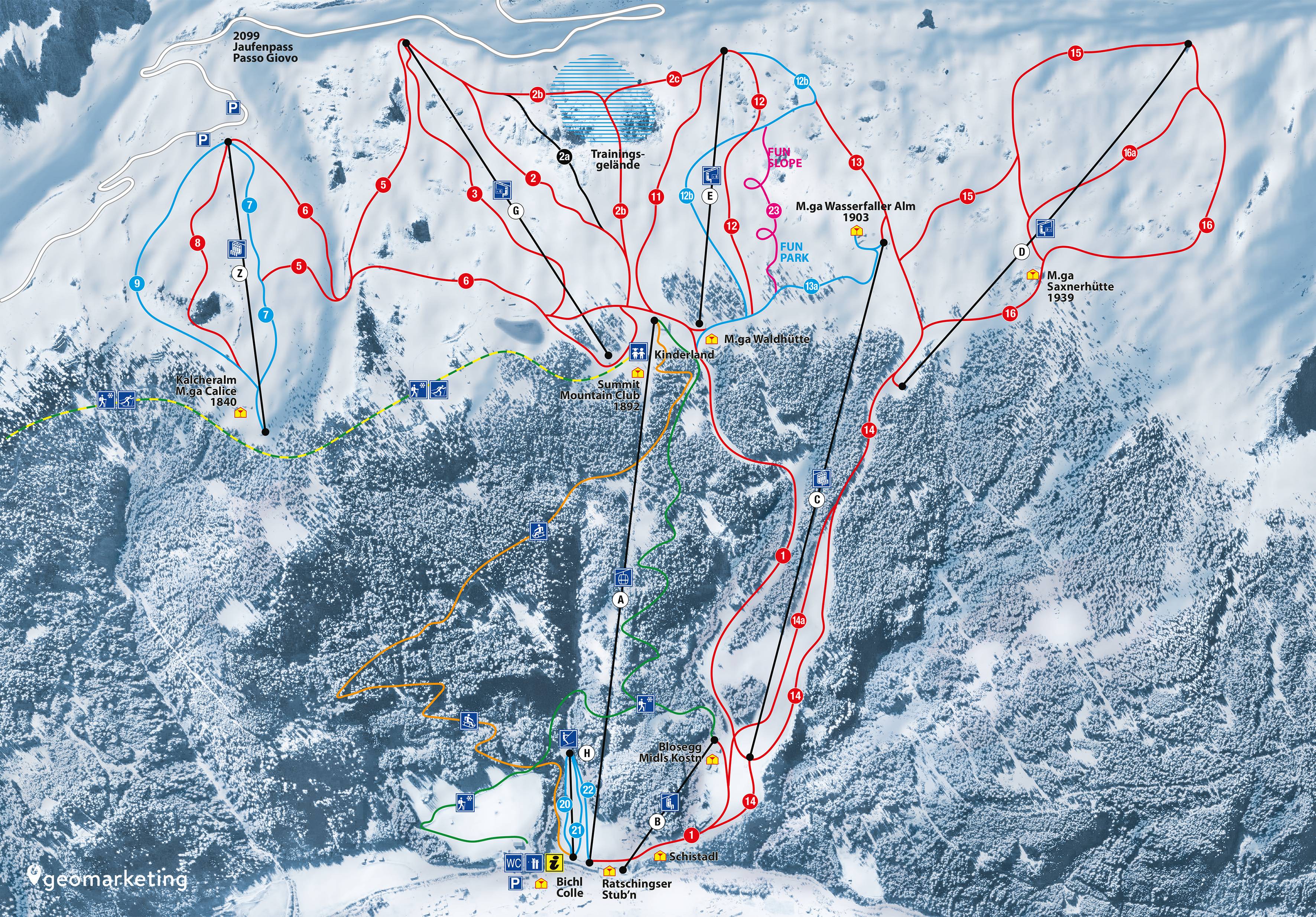 Trail map of the ski resort Racines-Giovo (Ratschings-Jaufen)/Malga Calice (Kalcheralm)