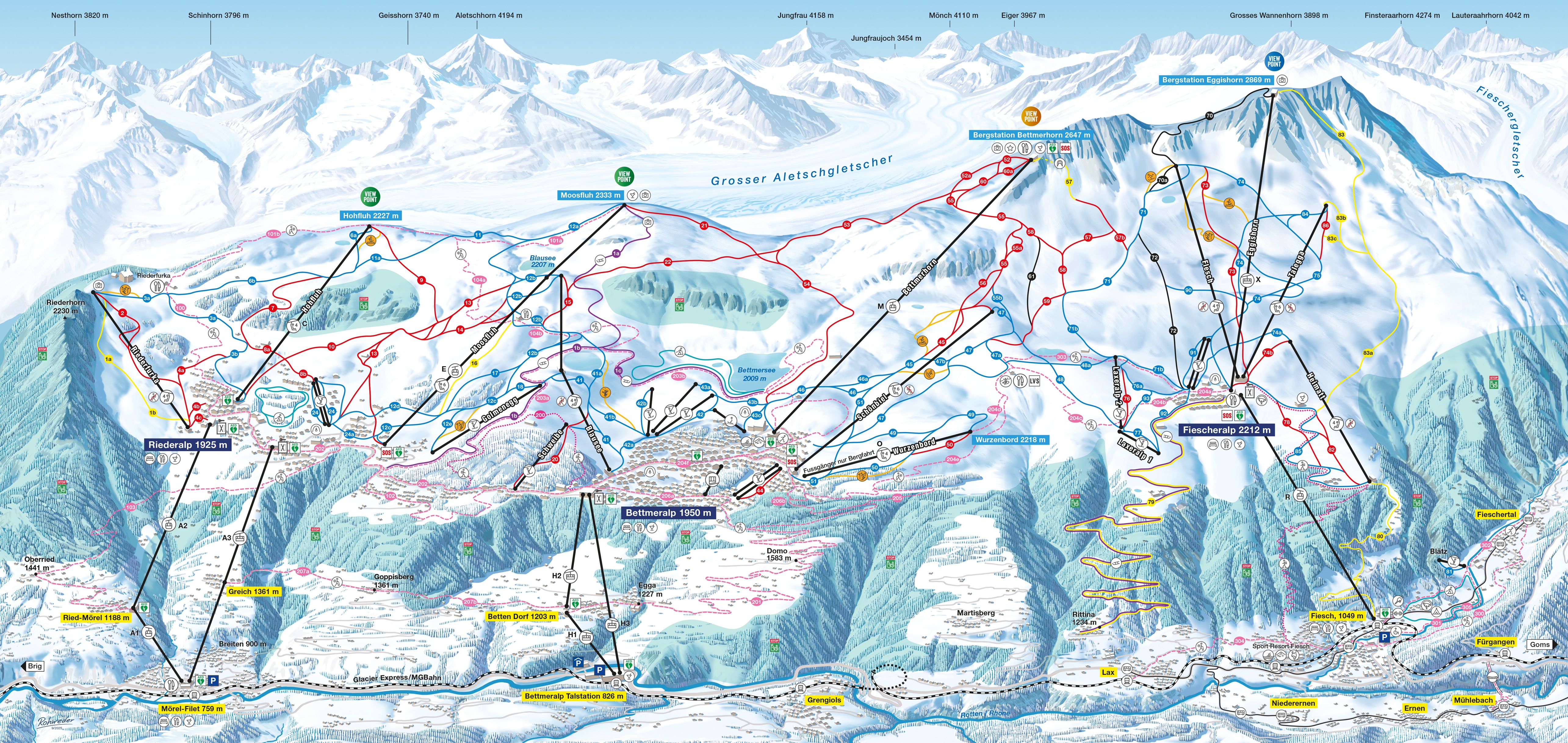 Trail map of the ski resort Aletsch Arena – Riederalp/Bettmeralp/Fiesch Eggishorn